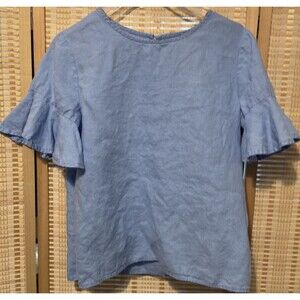 100% Linen ruffle Short sleeve blue top Blouse For Cynthia Sz PS Petite Small
